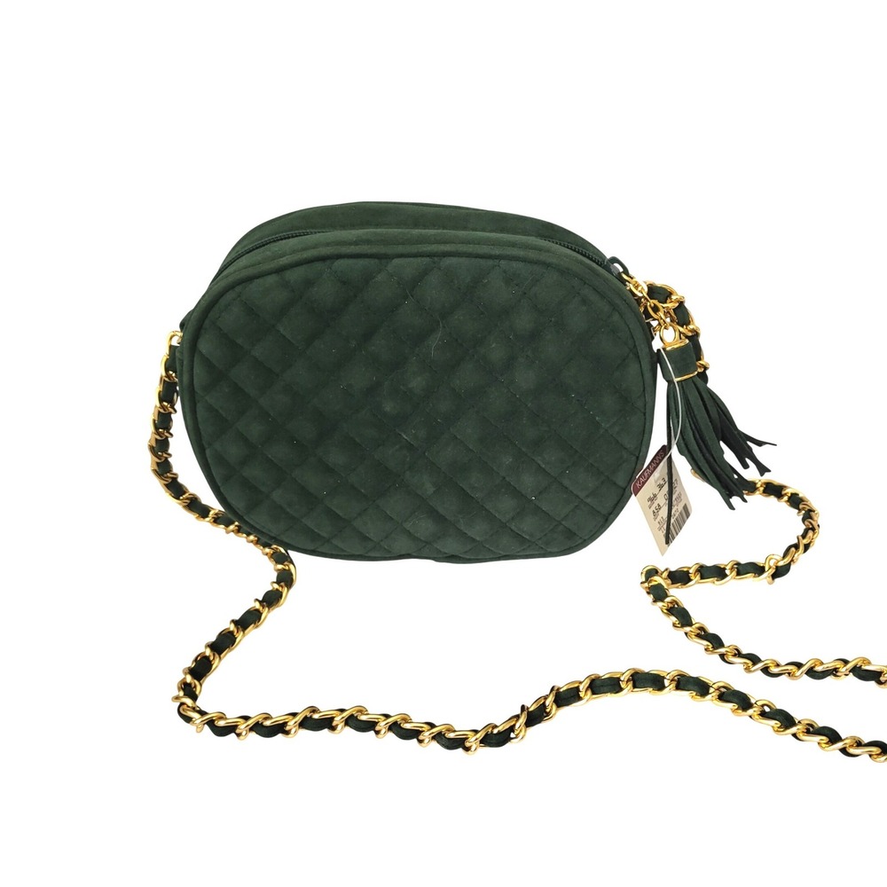 New Amanda Smith Quilted Sling Bag Purse Round Green Gold Hardware Chain Tassel